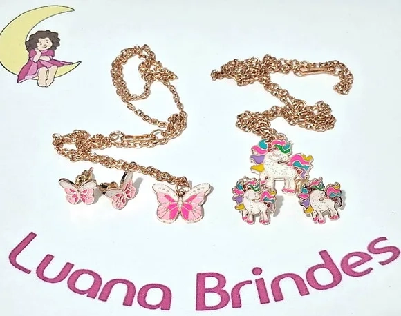 Kit Infantil Colar e Brinco Dourado Variados - 2 Kits