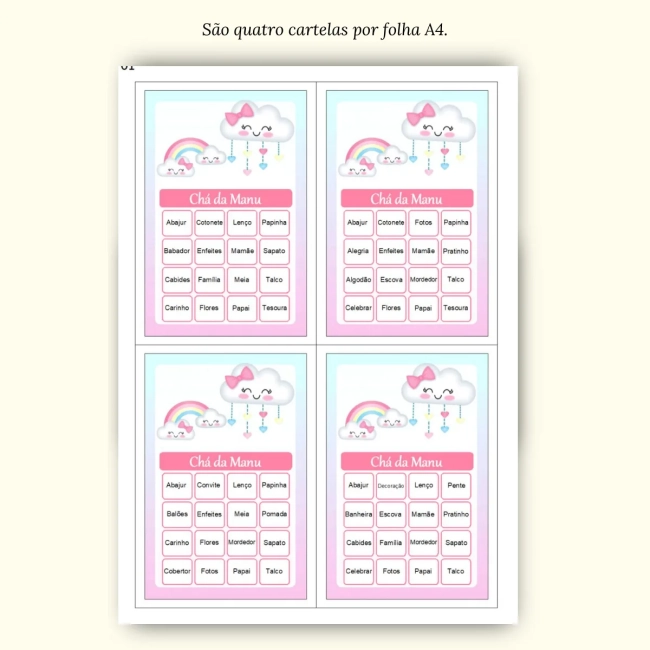 Bingo Chá de Bebê Menina Pdf Para Imprimir