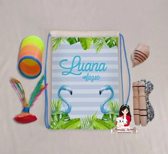 Mochila Boa Infância Personalizada Tema Flamingo Azul