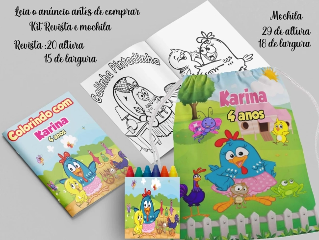 Kit Mochila e Revista de colorir para lembrancinha da Galinha Pintadinha