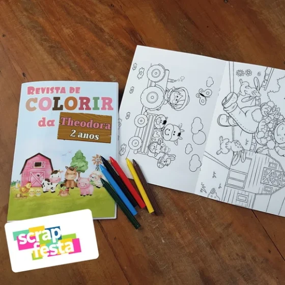 Revista Colorir + Giz de Cera Festa Fazendinha Aquarela
