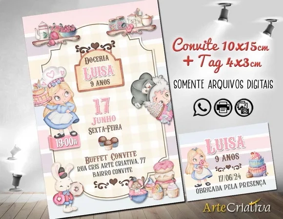 Convite Digital C/tag Confeitaria Alice no Pais das Marav.