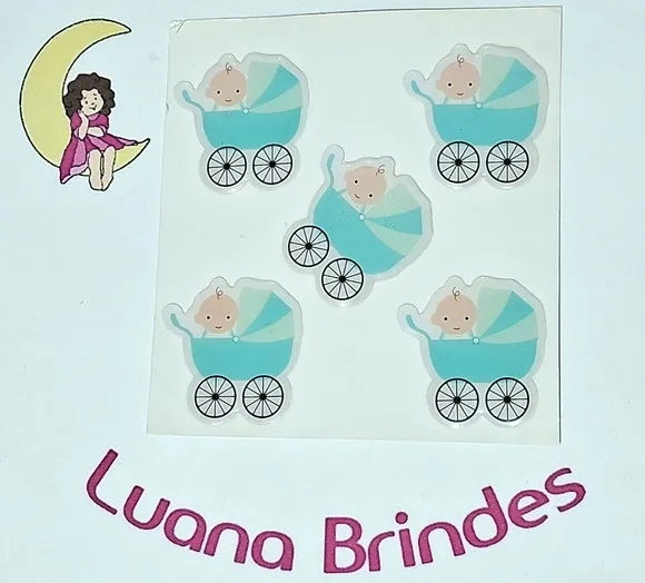 Aplique Carrinho de Bebê Adesivo Resinado 1 Cartela C/5 Unid