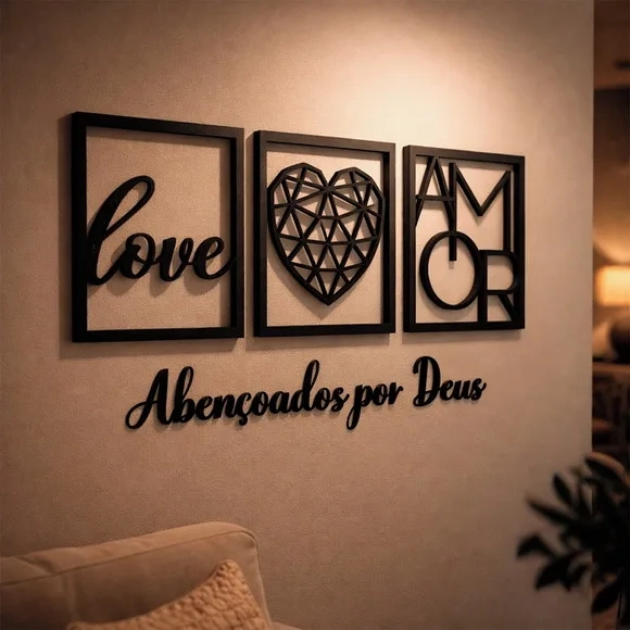 Trio Quadros Decorativos Vazados Abençoado Por Deus 3d Preto