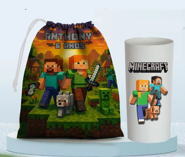 Kit Saquinho Surpresa e Copo Long Drink Personalizado Minecraft