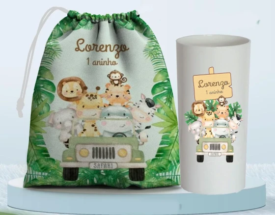 Kit Saquinho Surpresa e Copo Long Drink Personalizado Safari Baby