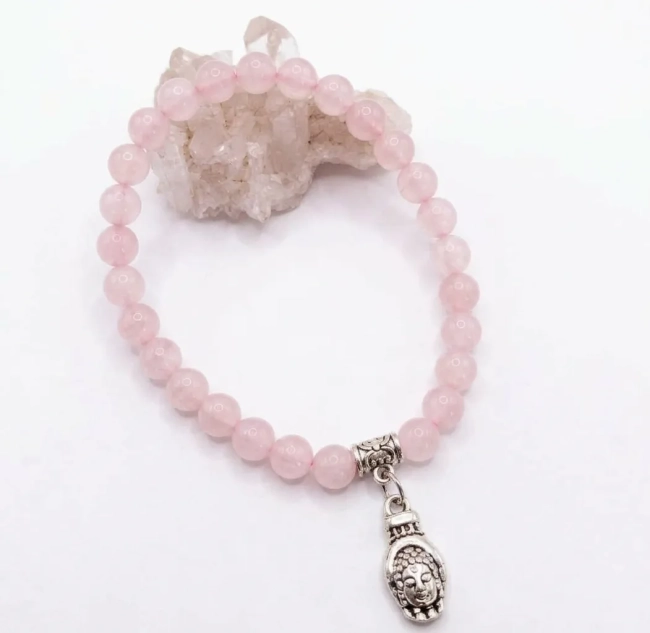 Pulseira Japamala 27 Contas Quartzo Rosa 6mm - Pingente à Escolha