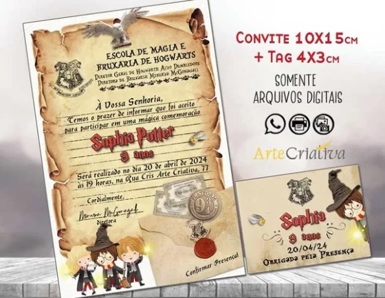 Convite Digital C/tag Carta Harry Potter