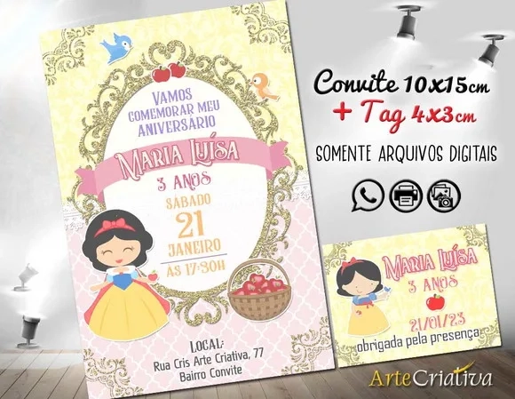 Convite Digital C/tag Branca de Neve Candy