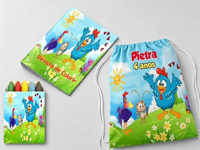 Kit Mochila e Revista de colorir para lembrancinha da Galinha Pintadinha