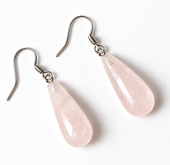 Brinco Gota Quartzo Rosa  e Gancho em Aço Inoxidável