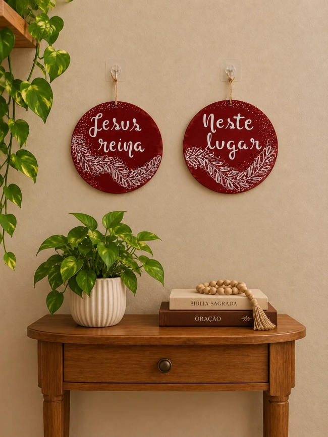Kit 2 Placas Decorativas Parede Jesus Reina Neste Lugar MDF 20cm