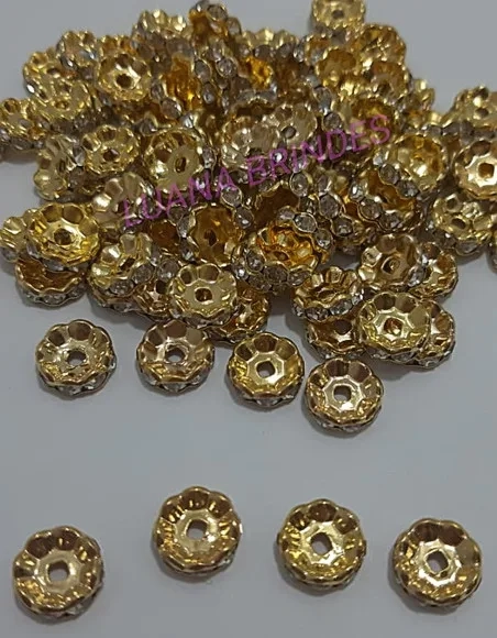 Rondela de Metal Dourado com Strass - 10mm - pct com 10 unid