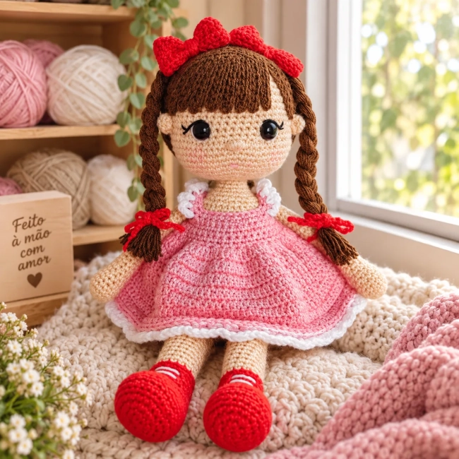 Boneca Maria Flor Amigurumi Artesanal | Pronta Entrega