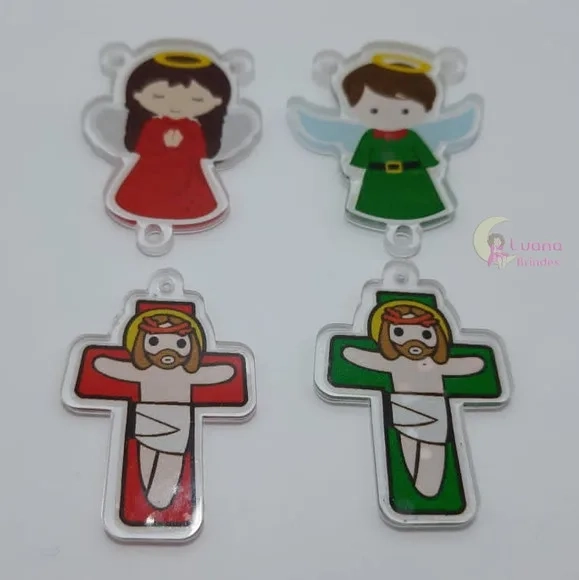 Kit Terço Anjinhos e Crucifixo de acrílico - pct c/2 kits