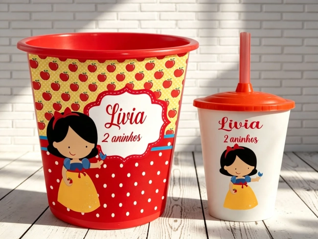 Kit Balde de Pipoca e Copo Twister para lembrancinhas da Branca de Neve