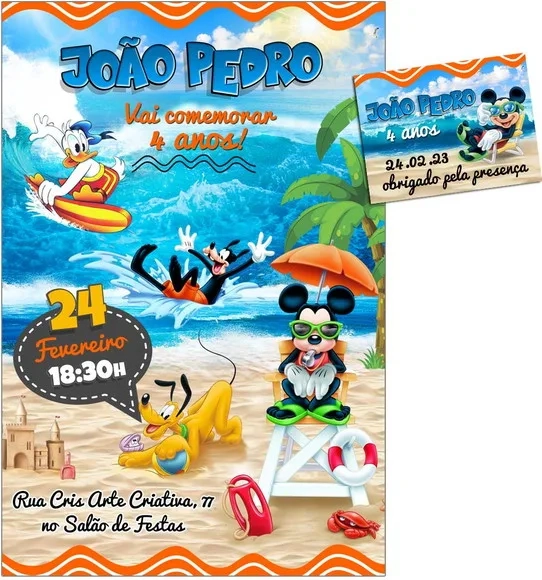 Convite Digital C/tag Mickey Mouse Praia 3
