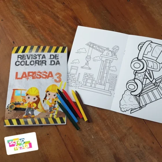Revista Colorir + Giz Cera Festa Construção Aquarela Cute