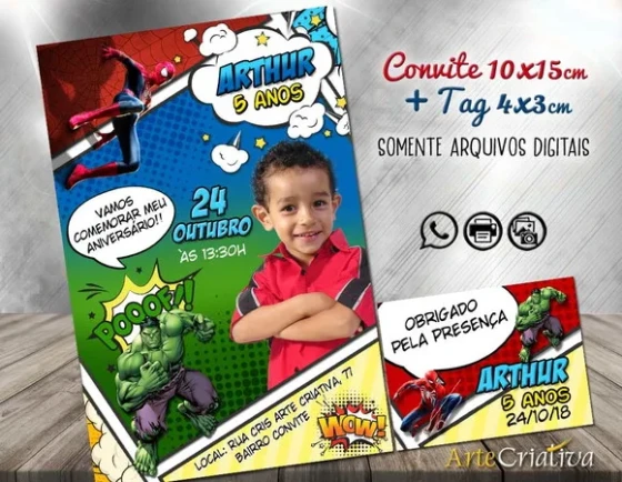CONVITE DIGITAL C/TAG Cartoon Homem Aranha e Hulk com foto
