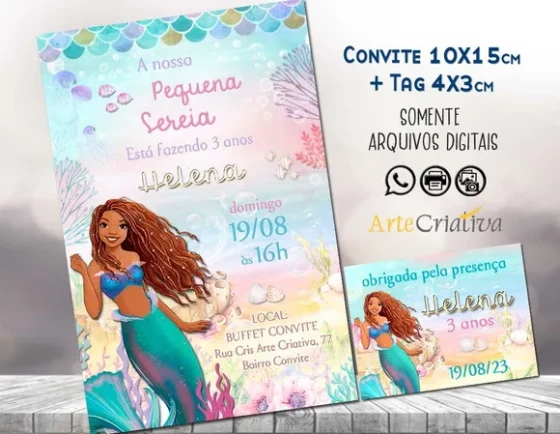 Convite Digital C/tag Pequena Sereia Ariel Morena