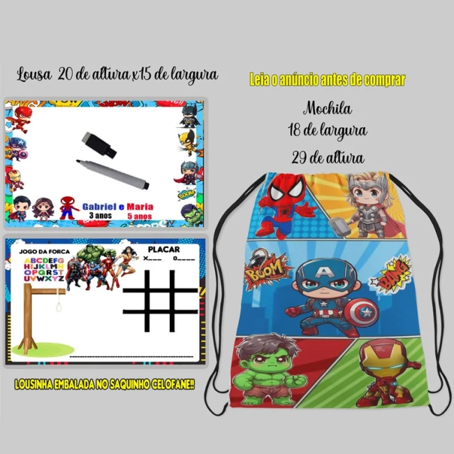 Kit Mochilinha e Lousa Magica Personalizada para lembrancinhas dos Super Heróis