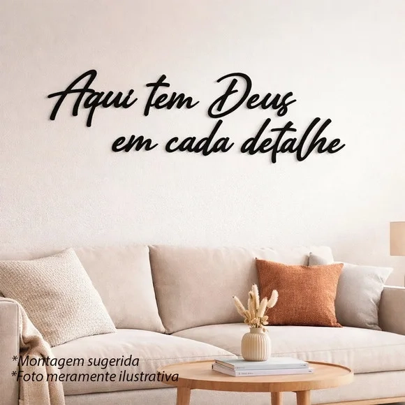 Frase Decorativa Aqui Tem Deus Cada Detalhe 3d mdf Preto