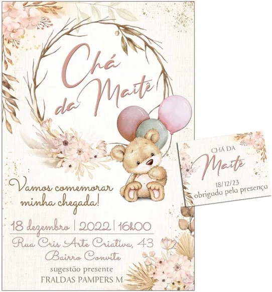 Convite Digital C/tag Chá de Bebê Menina Ursinho Boho