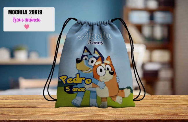 Mochilinha personalizada para lembrancinha Bluey e Bingo