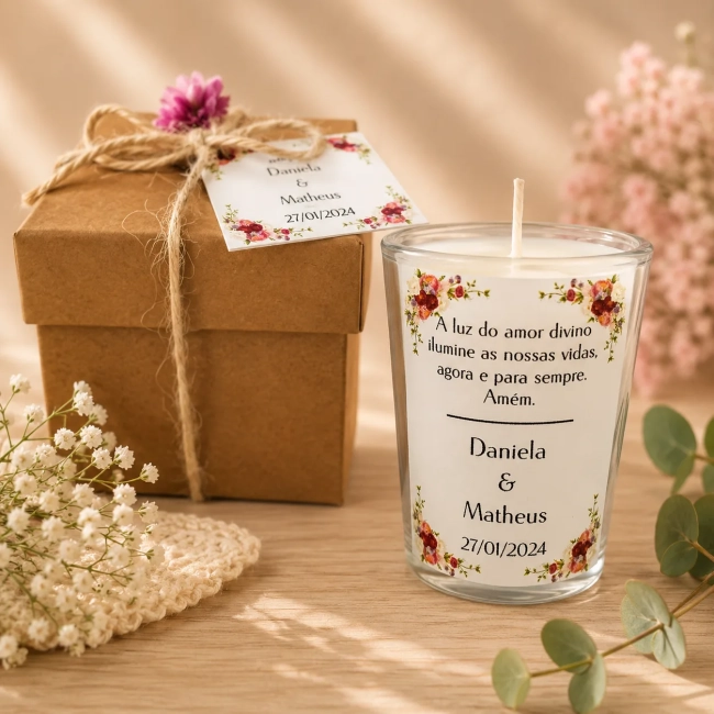 25 unidades Vela Aromática no Copo Lembrancinha Personalizada Batizado,Casamento, Aniversario e etc. Fazemos Qualquer Tema