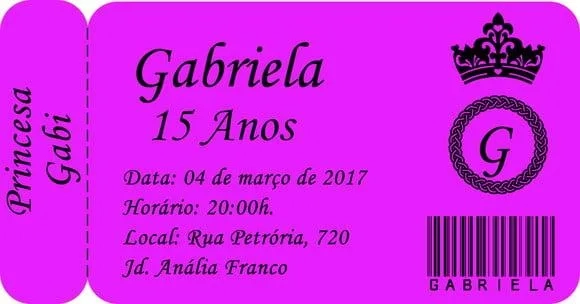 Convite Ingresso 15 Anos - 5cmx9cm