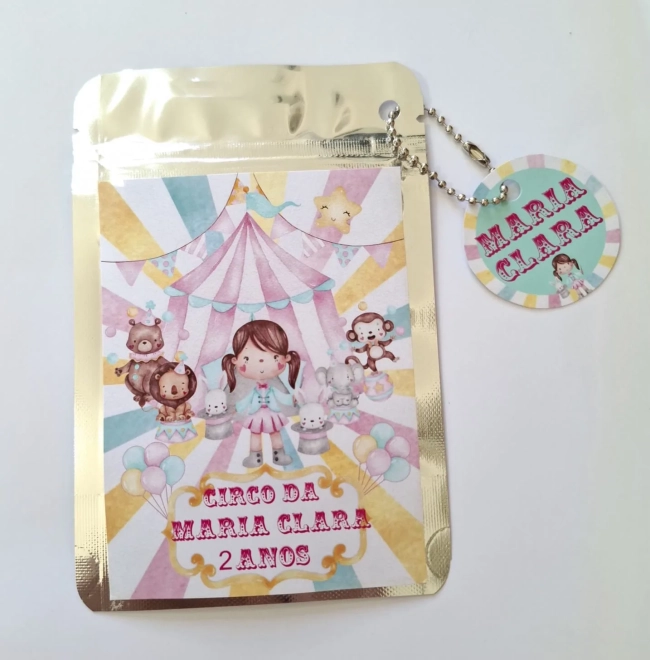 Saquinho Metalizado ziplock Circo Rosa lembrancinhas festa aniversario infantil Personalizado