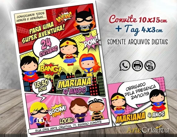 CONVITE DIGITAL C/TAG Heroinas Cute Gibi 2