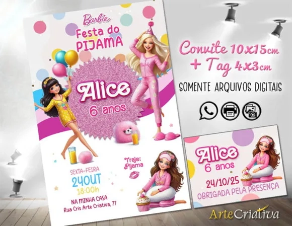Convite Digital C/tag Boneca Barbie Festa do Pijama 1