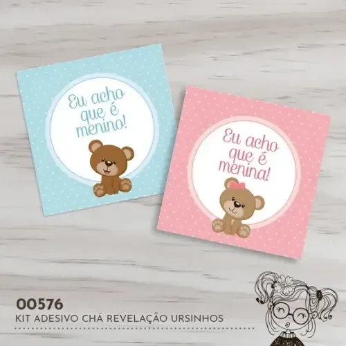 Kit Adesivos Quadrados Chá Revelação Ursinhos - 00576