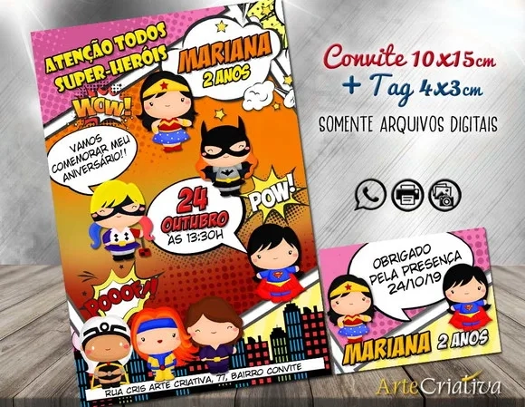 CONVITE DIGITAL C/TAG Heroinas Cute Gibi