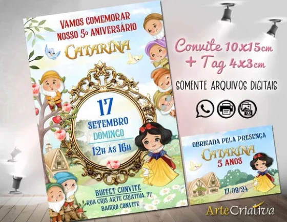 Convite Digital C/tag Branca de Neve Aquarela 2