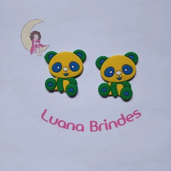 Aplique Urso Panda Verde e Amarelo Emborrachado 4cm 7 Unids