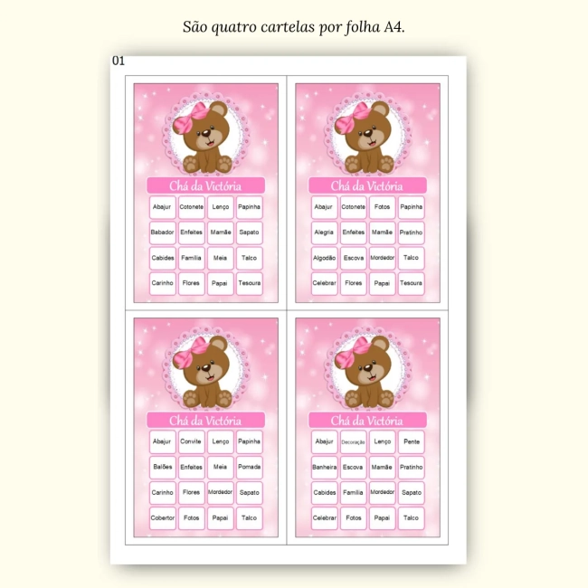 Bingo Chá de Bebê Menina Pdf Para Imprimir