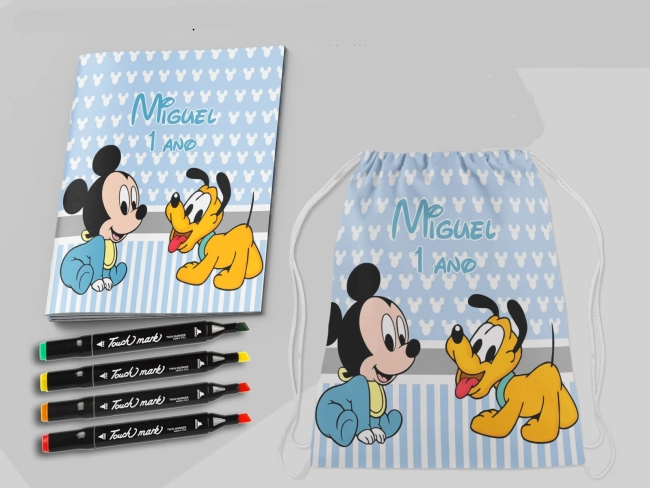 Kit Mochila e Revista de colorir com Canetinhas Mickey Baby