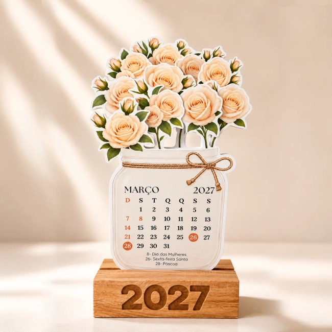 Calendário de Mesa 2027 Vaso de Flores Rosas