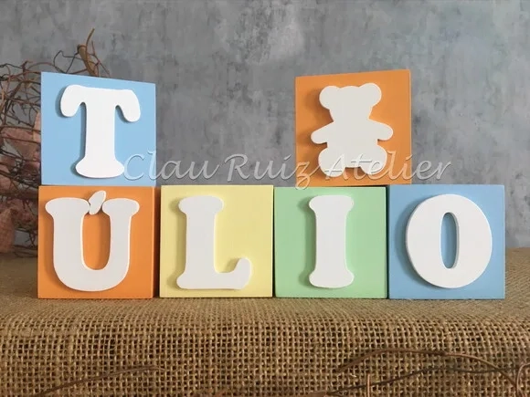 Cubos Decorativos MDF Personalizados Quarto de Bebê 6x6cm com Ursinho