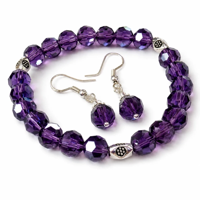 Conjunto Pulseira e Brincos de Cristal Facetado ajustável