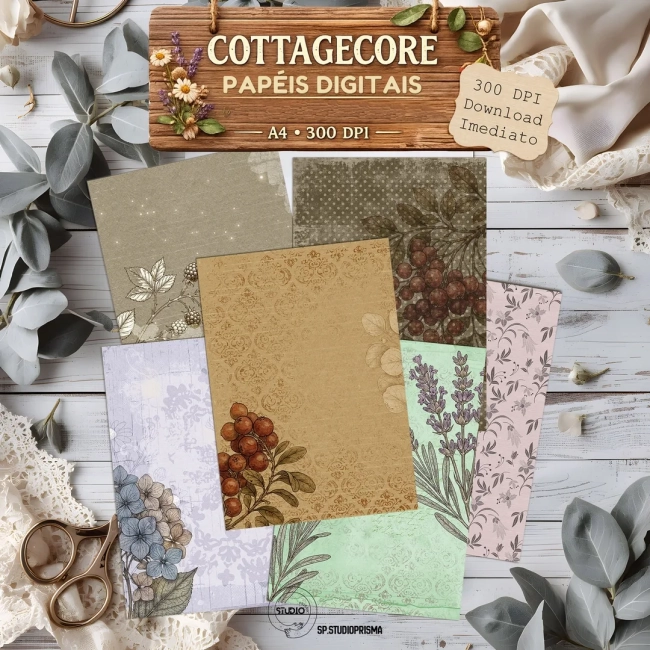 Papéis Digitais Cottagecore – Kit com 12 Papéis A4 para Junk Journal e Scrapbook