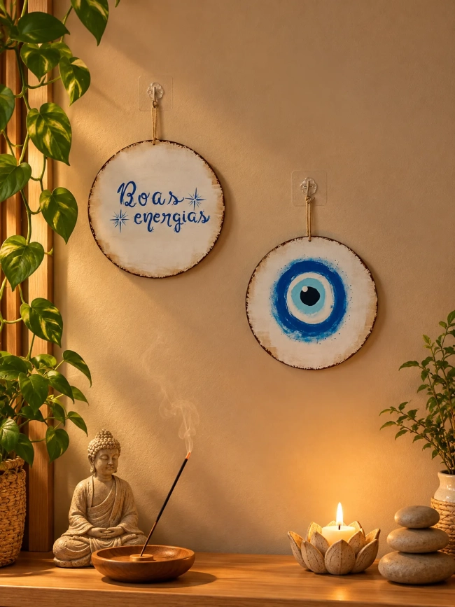Kit 2 Placas Decorativas MDF Olho Grego Boas Energias 20cm