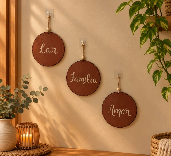 Trio Placas Decorativas Parede Rustico Lar Familia Amor MDF Kit 3 Peças