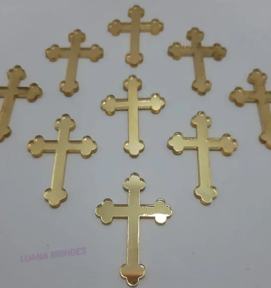 Aplique Cruz de Acrílico Espelhado Dourado - Pct C/50 Unid