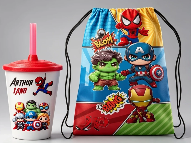 Kit Mochila e Copo Twister personalizado dos Super Herois Baby