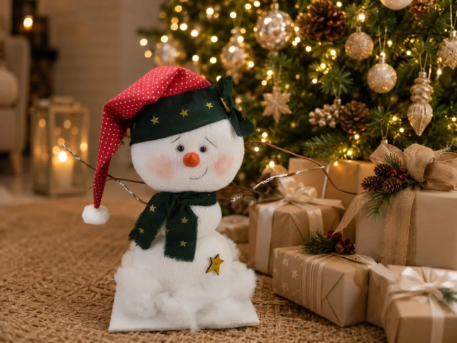 Boneco de Neve Natalino Artesanal em Feltro 24 cm | Decoração de Natal para Mesa, Aparador e Sala