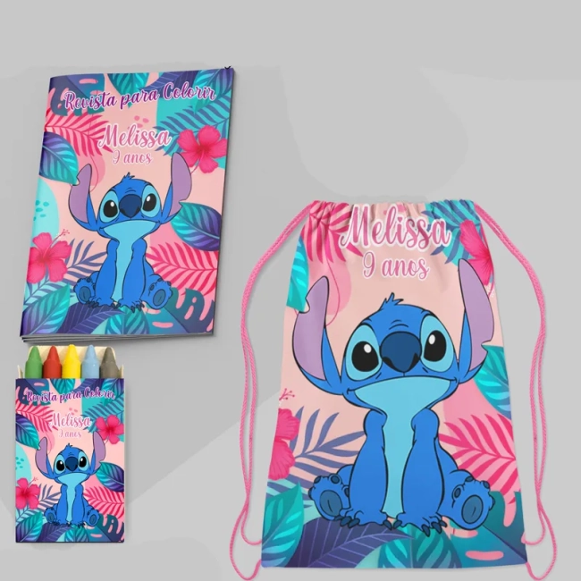 Kit Lembrancinhas Mochila e Revista personalizada do Stitch