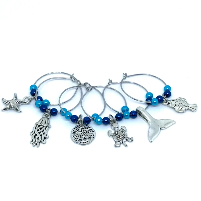 Marcadores de Taças e Copos em Metal Tema vida marinha- para Festas e Jantares Kit com 6 aros
